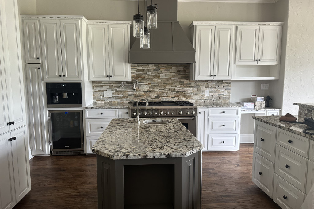 White Kitchen with Small Prep Island and Stone Backsplash before remodel